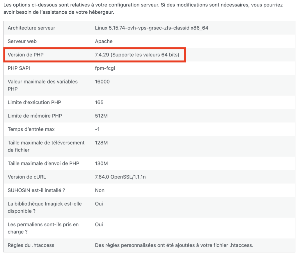 Outils > Santé du site - version de PHP
