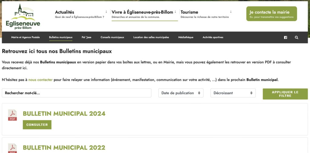 Site web de la mairie d'Egliseneuve-près-Billom : transparence des actions municipales / bulletin municipal