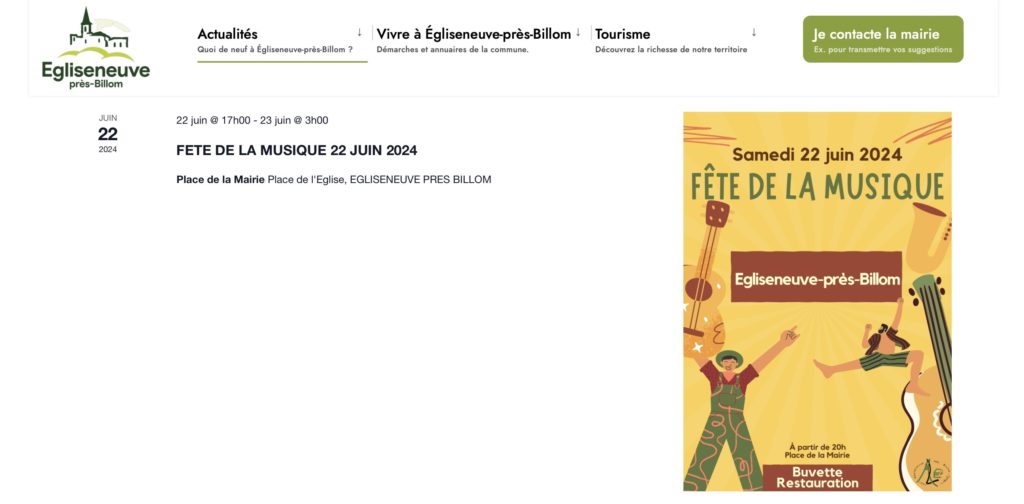 Site web de la mairie d'Egliseneuve-près-Billom : accès à de l'information / calendrier des événements