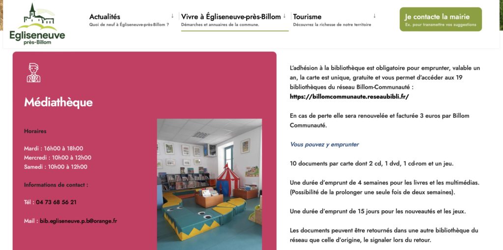 Site web de la mairie d'Egliseneuve-près-Billom : liste des services municipaux / médiathèque