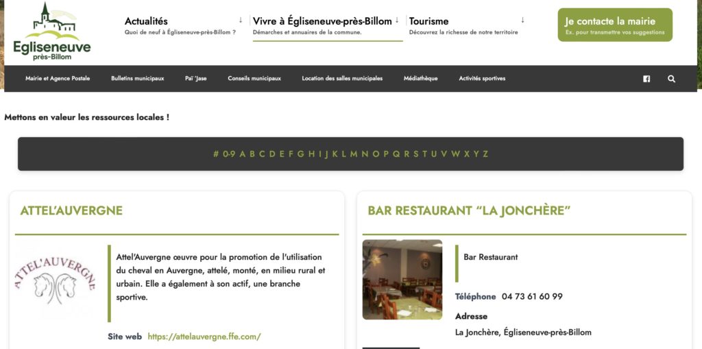 Site web de la mairie d'Egliseneuve-près-Billom : mise en avant des ressources locales / annuaire des professionnels