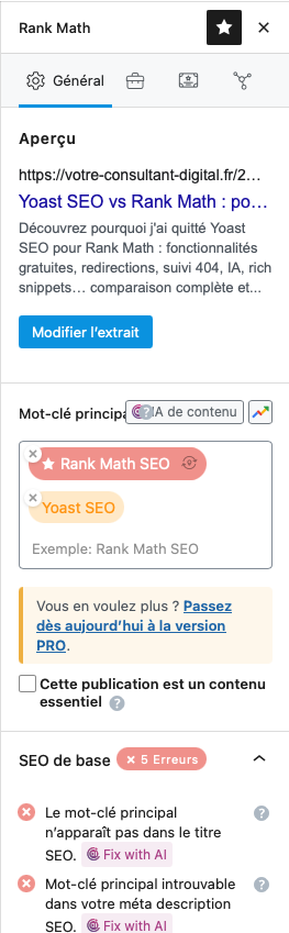 Rank Math : plusieurs mots clés principaux