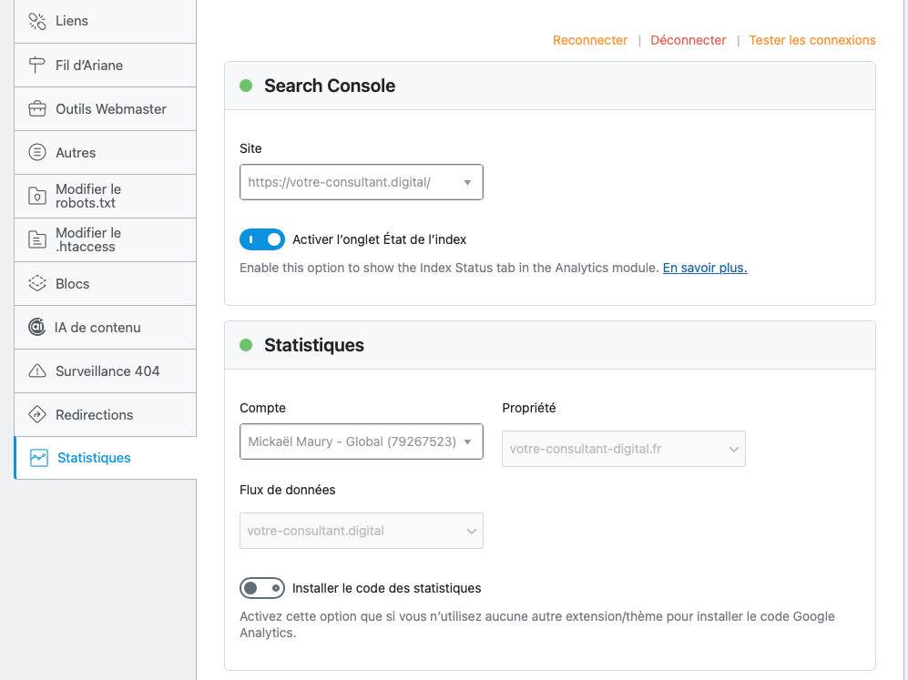 Rank SEO : configuration "Statistiques"